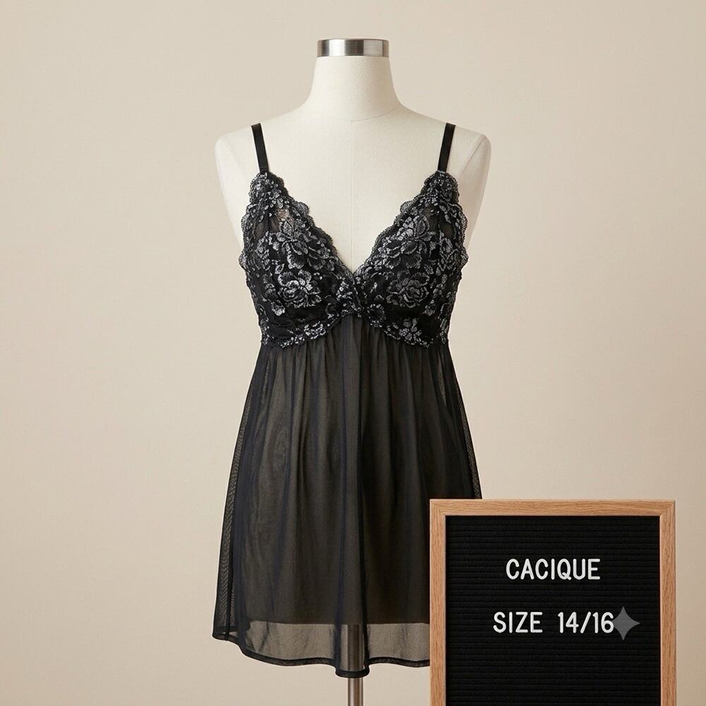Cacique Black Metallic Silver Lace Babydoll Lingerie Chemise 14/16 Nightgown